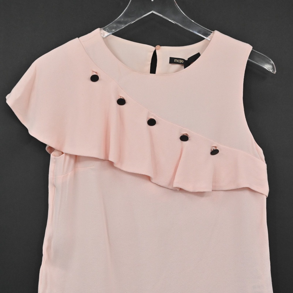 MAJE Womens Lorena Pink Ruffle Top Size S Sleeveless Coquette Black Buttons NEW - Picture 10 of 14